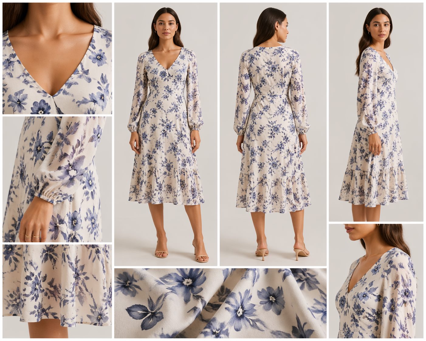 Flat lay to model photo AI garment fidelity review showing neckline, print placement, texture, sleeve length, and hemline checks