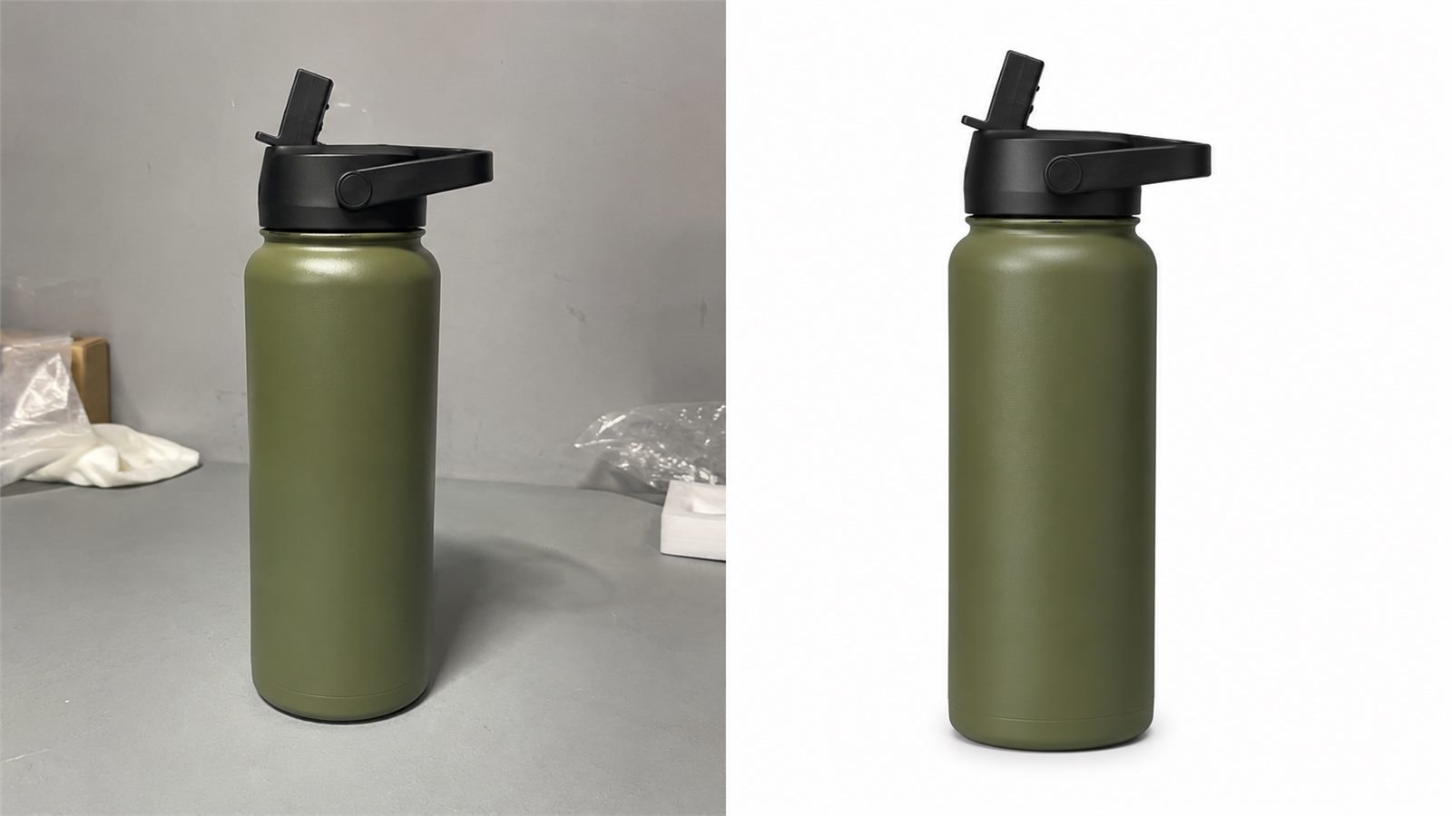 White background product shot comparison showing approved, rejected, and accessory-aware bottle images