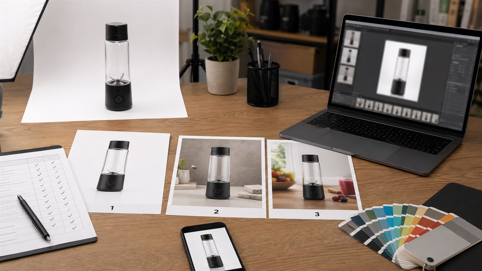 AI product background workflow desk showing a blender on a white background, neutral scene, lifestyle scene, mobile preview, and QA checklist
