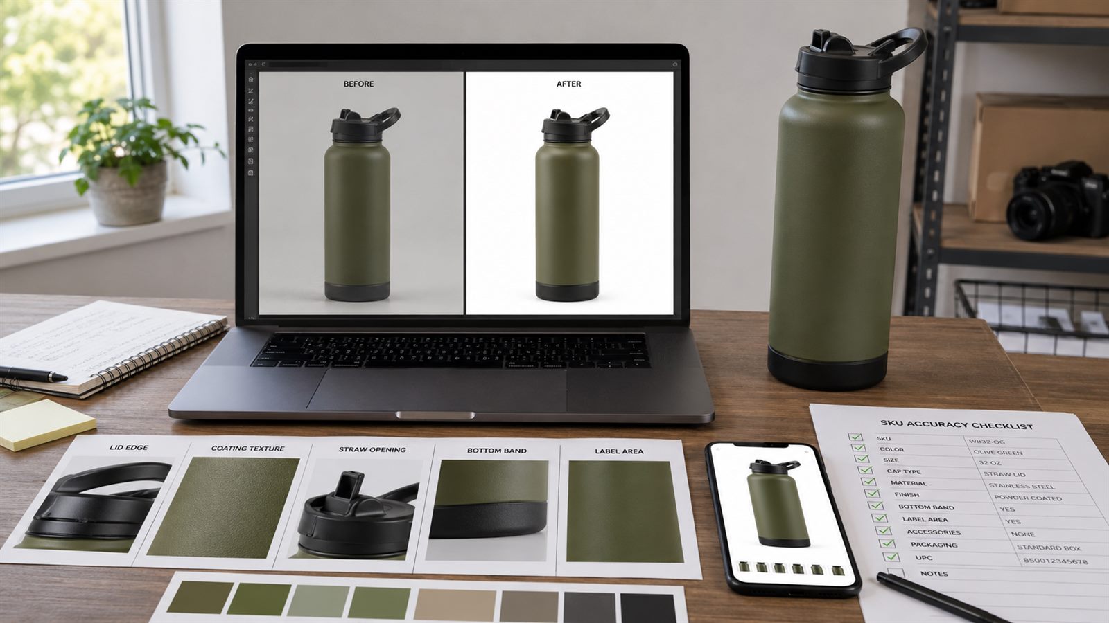 Comparación antes y después de mejora de imagen con IA para una botella verde oliva con recortes de detalle y checklist de SKU