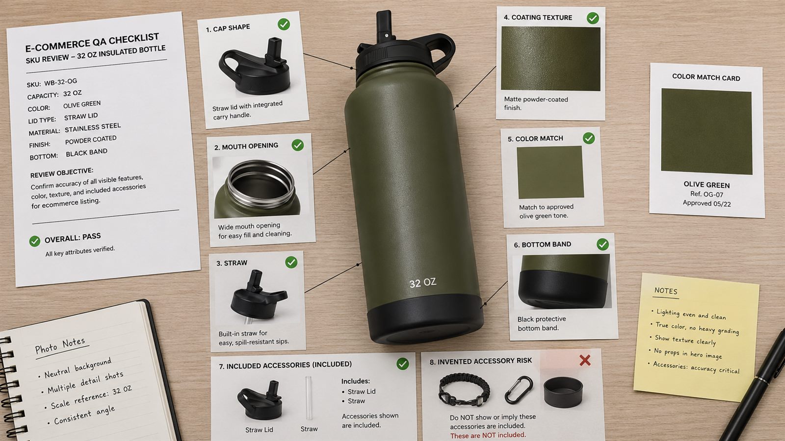 Checklist de precisión de SKU para una botella aislada con revisión de tapa textura color y accesorios