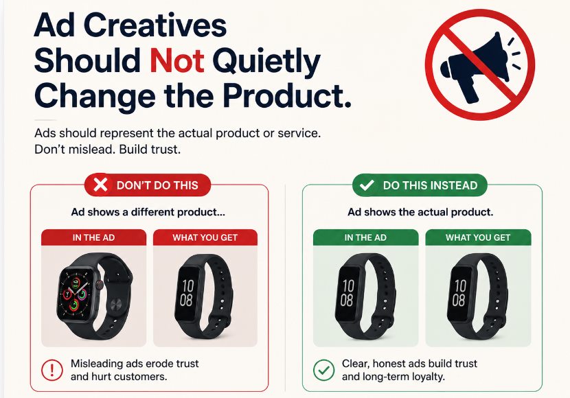 Ad creative comparison showing why ecommerce product ads should not quietly change the product buyers receive