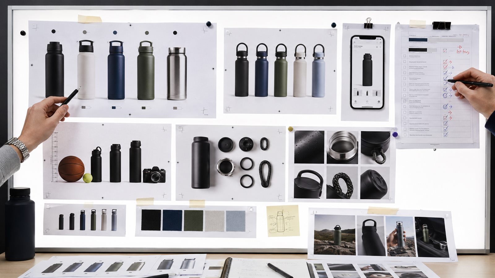 Ecommerce product comparison image review board with bottle variants, scale proof, feature closeups, mobile preview, and QA checklist