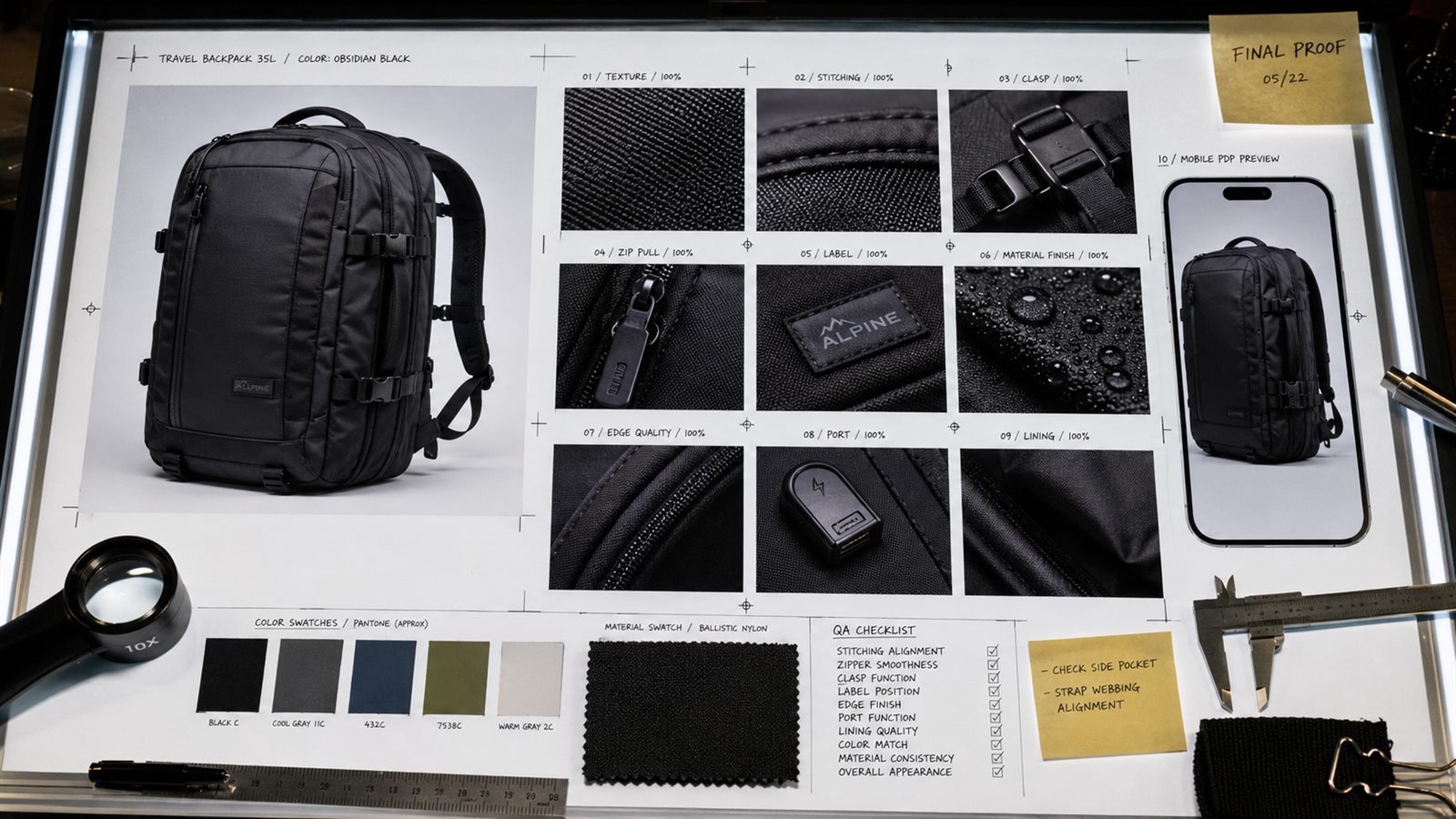 Backpack product detail image proof board with macro closeups of texture, stitching, clasp, zipper pull, label, material finish, edge quality, mobile PDP preview, color swatches, and QA checklist