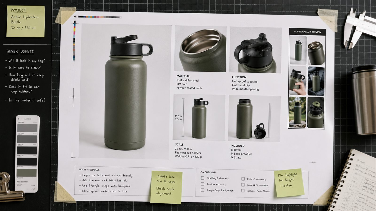 Ecommerce feature callout proof board for a hydration bottle showing buyer doubts, material closeups, function proof, scale reference, included parts, mobile gallery preview, and QA checklist