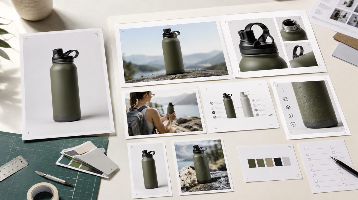 AI product image generator workflow turning one water bottle photo into landing page hero, lifestyle, feature closeup, proof, color, and mobile-ready product images