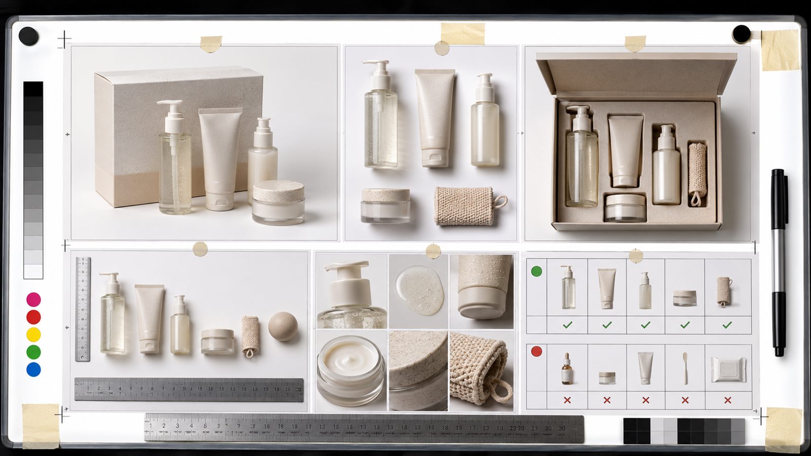 AI product image generator workflow for product bundles showing skincare kit, included parts, packaging layout, scale reference, detail closeups, and included versus not included checklist