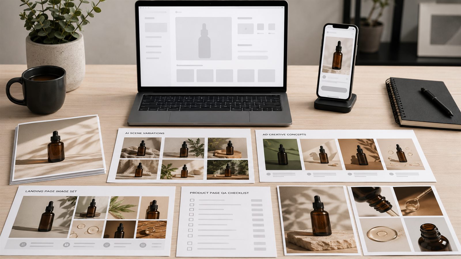 Shopify product page image workflow desk with product gallery wireframe, mobile preview, AI scene variations, ad creative concepts, detail closeups, and QA checklist