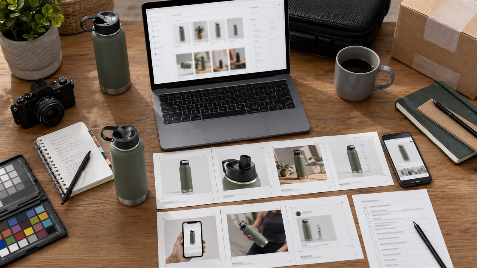 Shopify product image workflow without a studio shoot showing source product photo, main image, detail shots, lifestyle scene, mobile preview, ad crop, and QA checklist