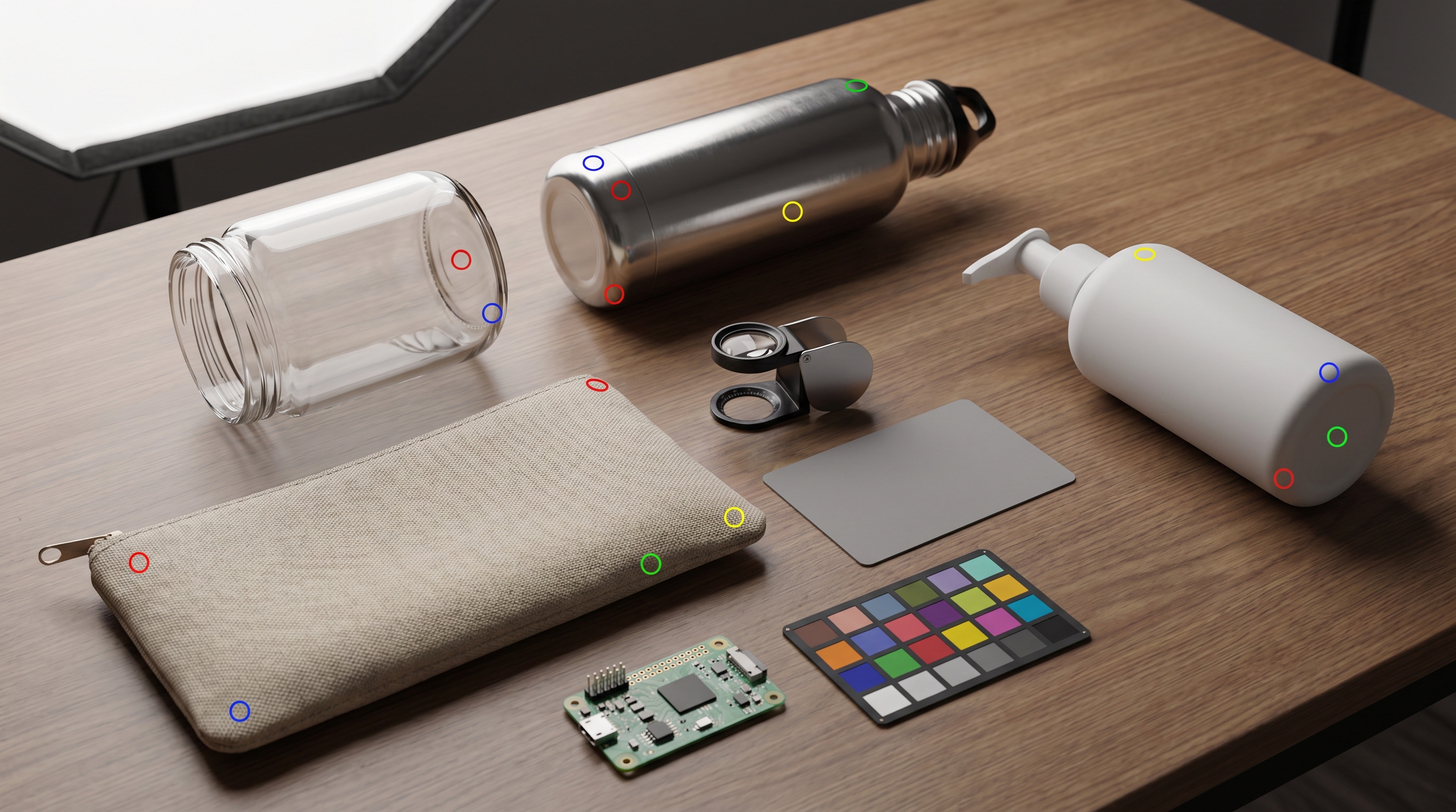 Ecommerce product photo retouching QA desk with glass, metal, fabric, and matte product surfaces