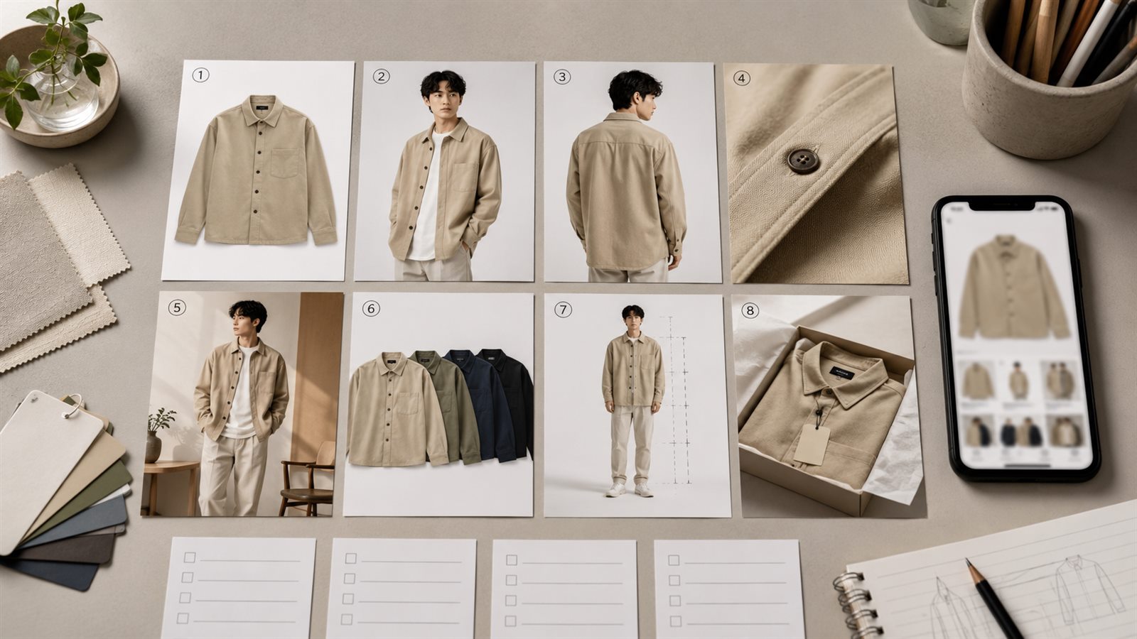 Orden de galería móvil para ropa con modelo, detalle de tela, variante, packaging y ajuste