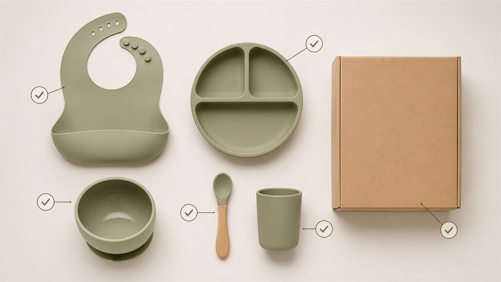Baby feeding set bundle flat lay with bib, divided plate, bowl, spoon, cup, gift box, and QA checkmarks