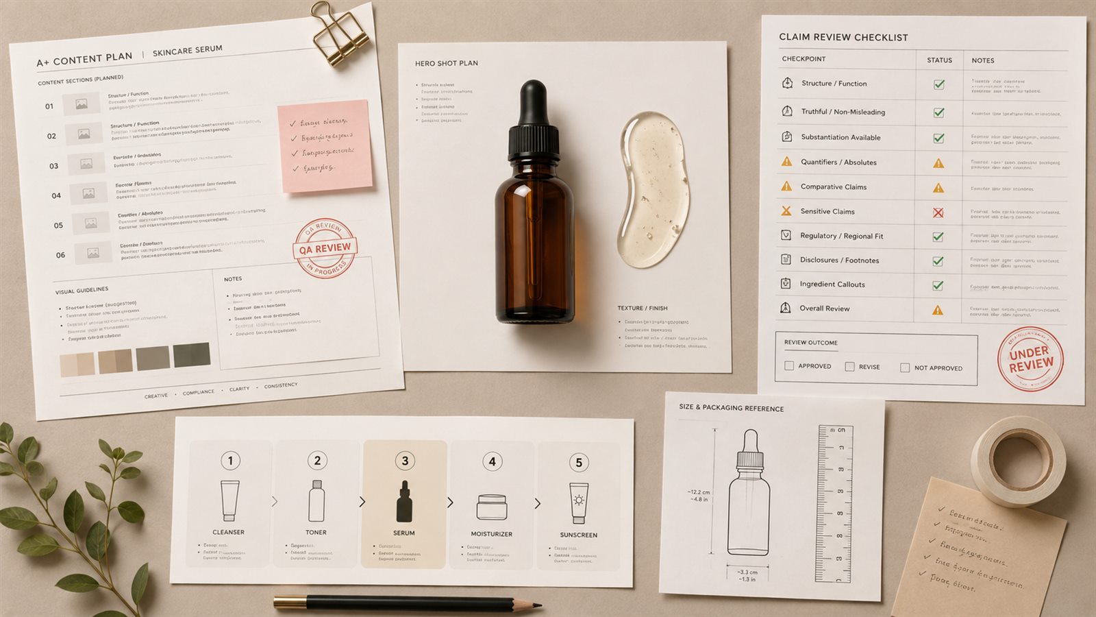 Skincare serum A plus Content planning board with routine cards, texture sample, bottle size reference, and claim review checklist