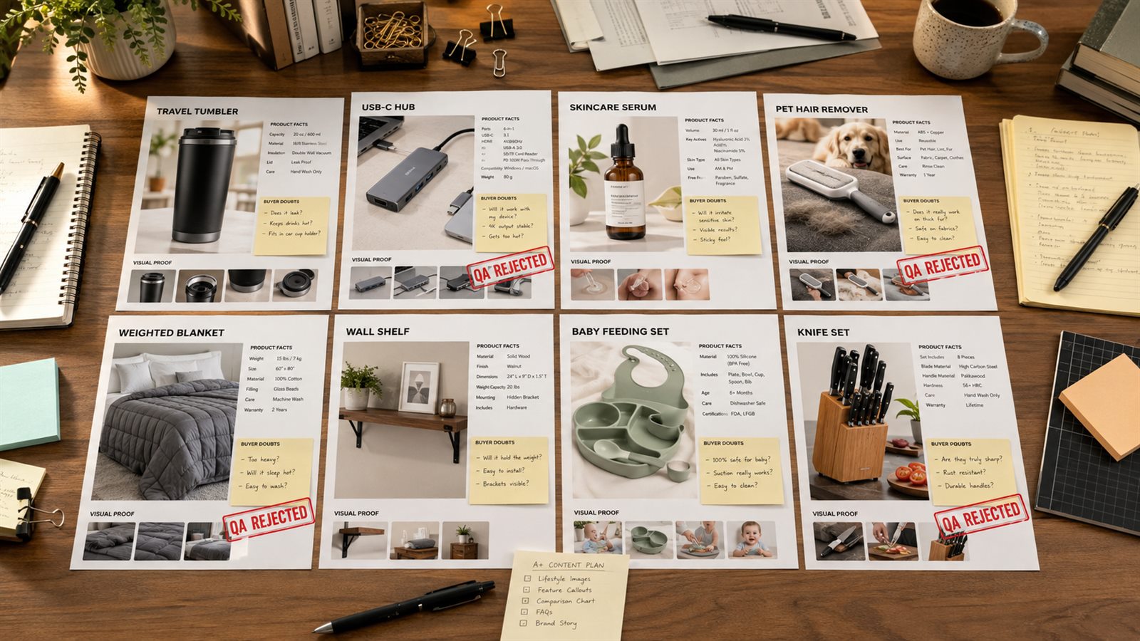 SKU-level Amazon A plus Content AI example workbench with product cards, buyer doubts, visual proof thumbnails, and QA rejection stamps