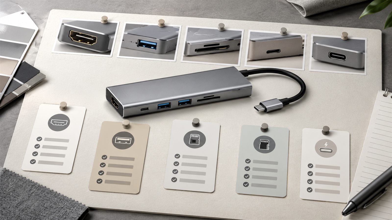 USB-C hub compatibility planning board with port closeups and checklist cards for A plus Content visual proof
