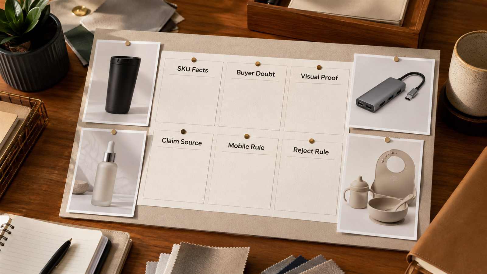 Amazon A plus Content AI product truth sheet workbench with SKU facts, buyer doubt notes, visual proof cards, and reject rules