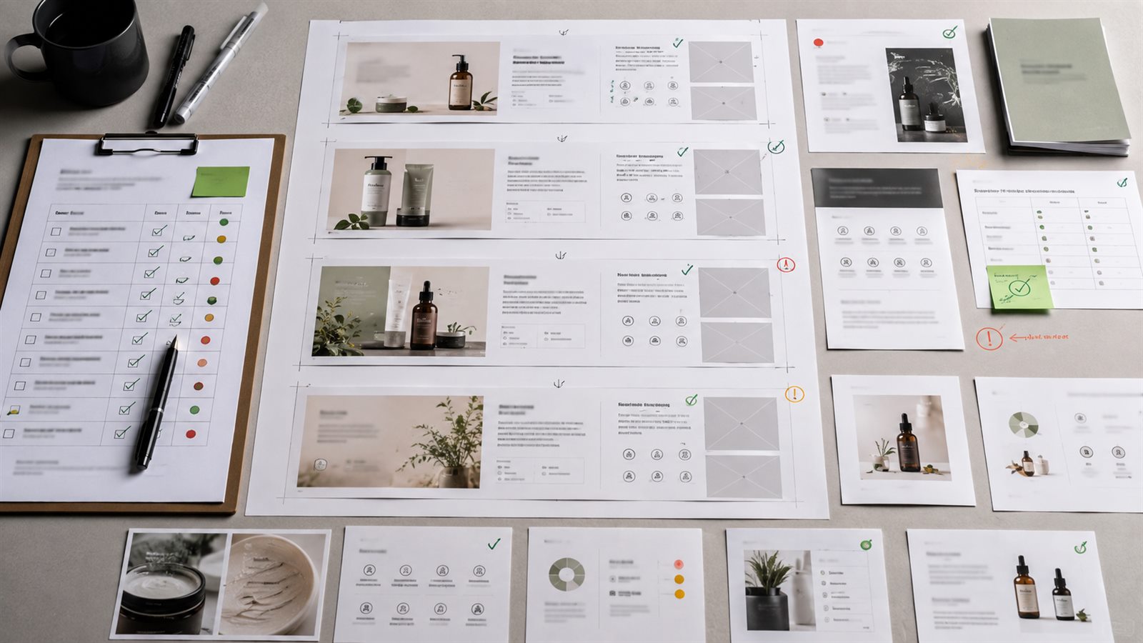 A plus Content template QA review board checking SKU accuracy, claim support, mobile readability, bundle contents, and repeated modules