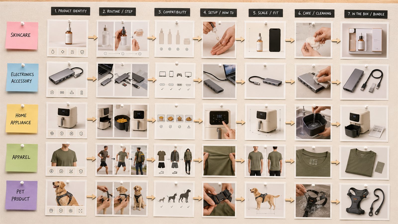 Category-specific A plus Content module sequence board for skincare, electronics accessories, home appliances, apparel, and pet products