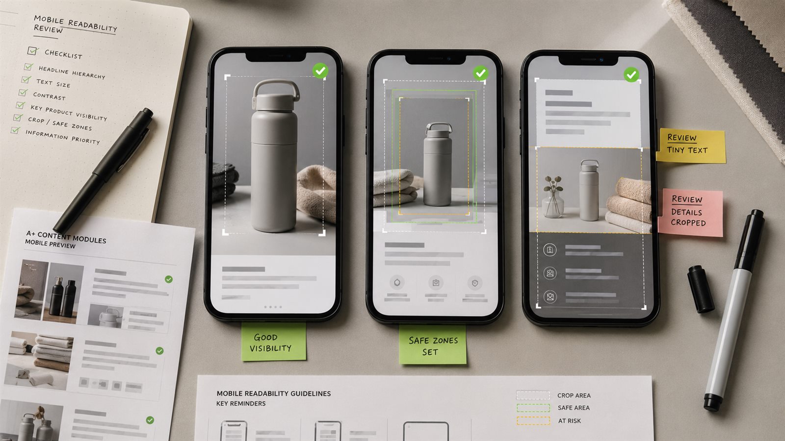 Mobile safe zone review for Amazon A plus Content image with phone previews, crop guides, readable headline, and product detail checks