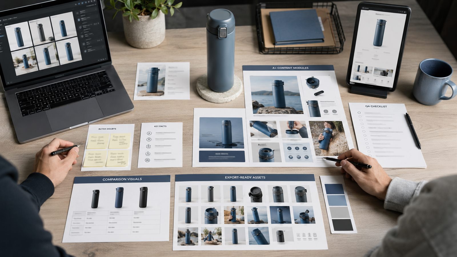 Amazon A plus content agency alternative workflow board with product facts, module images, buyer notes, mobile preview, and QA checklist