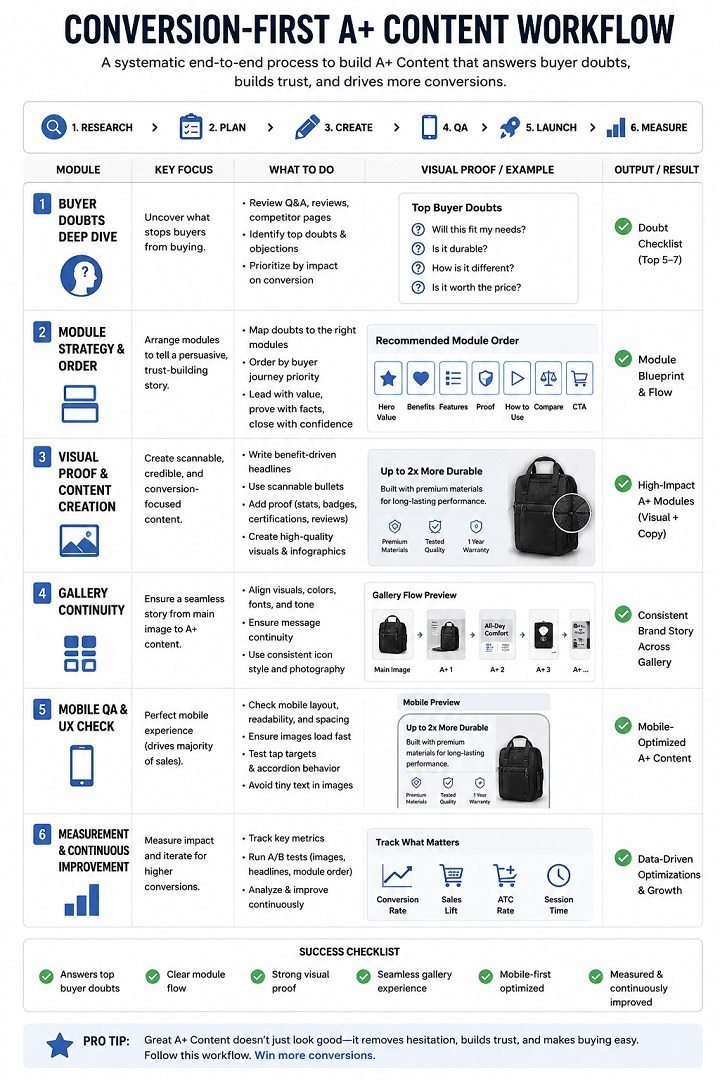 Amazon A plus content conversion planning board with product detail page layout, module cards, buyer questions, comparison chart, mobile preview, and QA checklist
