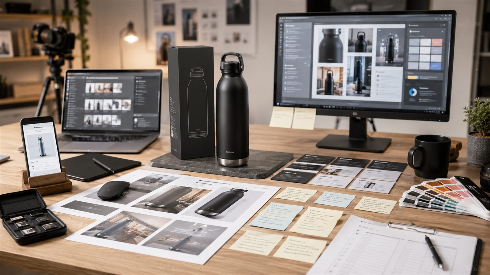 Agency-style Amazon A plus content image production desk with product packaging, module layouts, mobile preview, buyer notes, and QA checklist