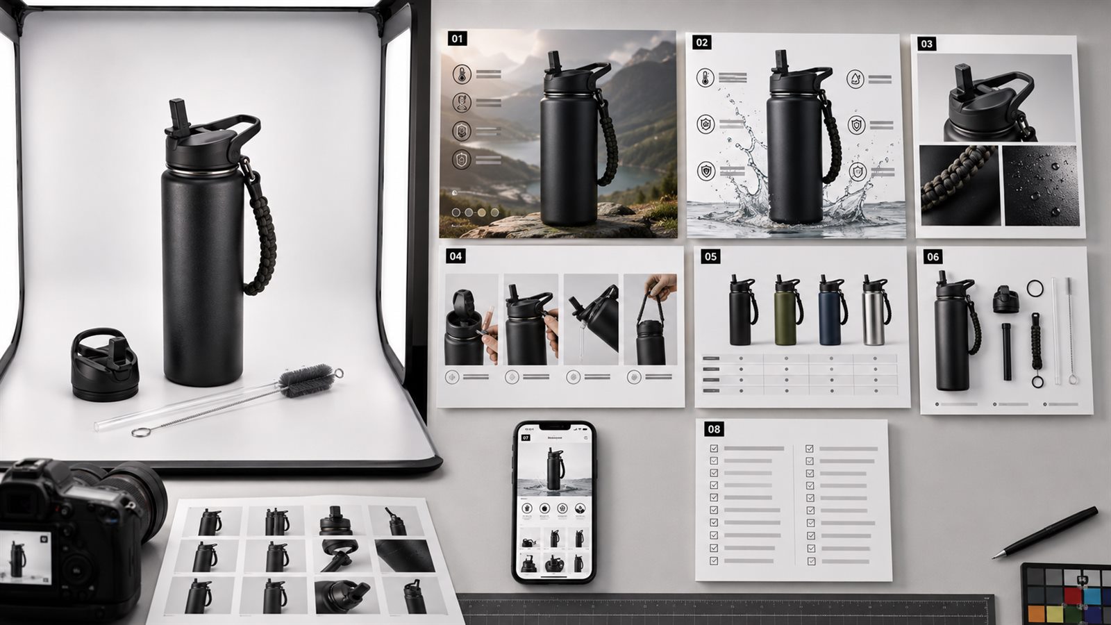 Amazon A plus content image generator workflow turning one product photo into hero, feature, detail, use case, comparison, and QA module visuals