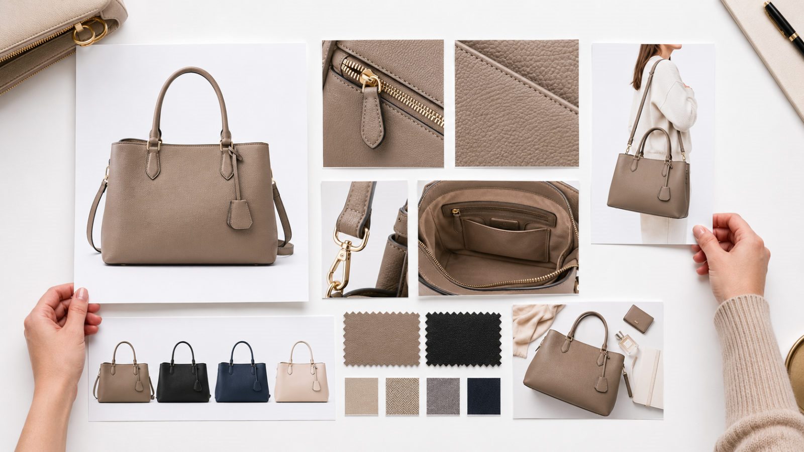 Amazon custom product listing image proof board for handbags and accessories with texture, strap, zipper, capacity, and variant checks