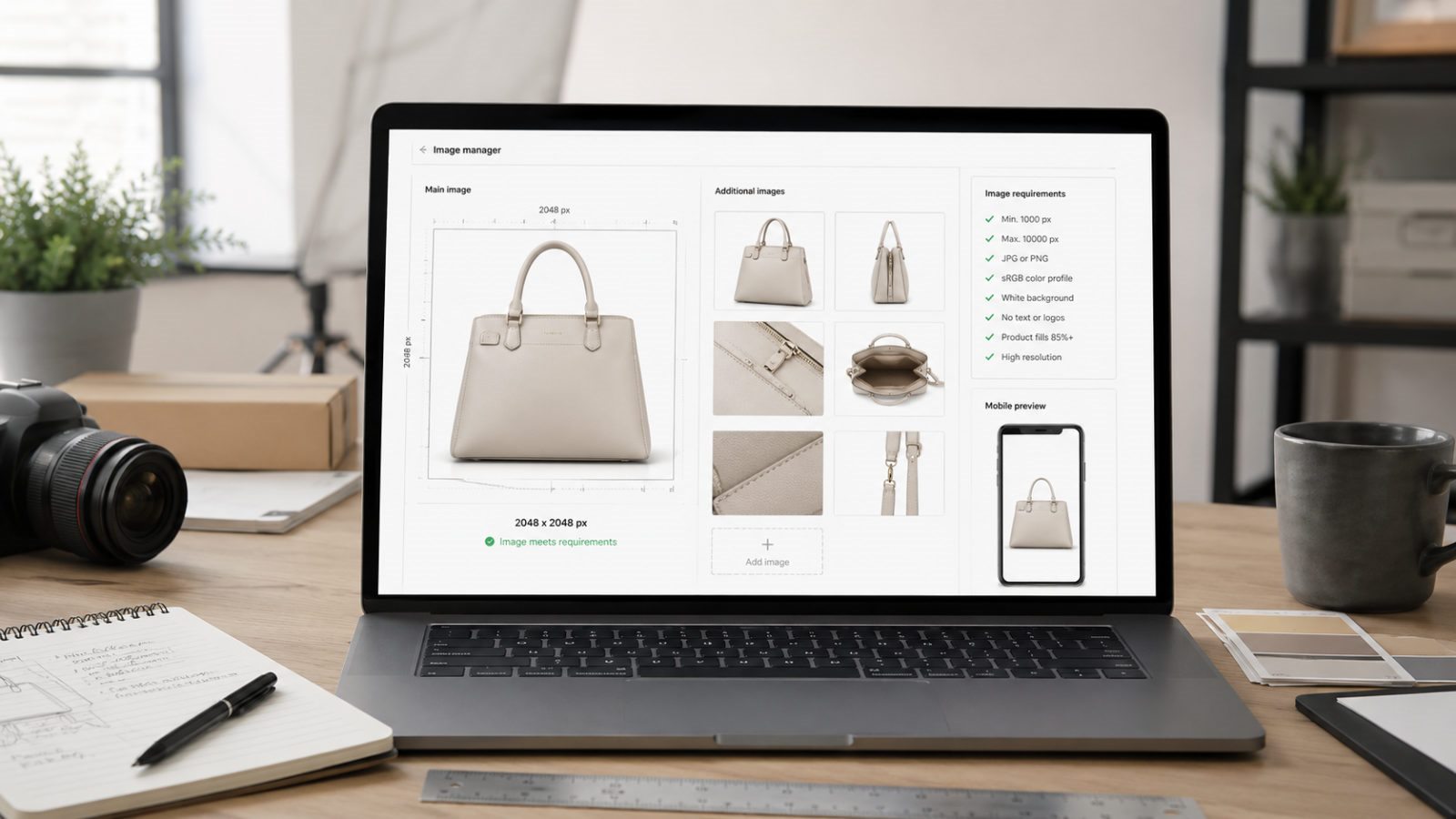 Amazon listing image size QA desk with square crop guides, pixel dimensions, product photo set, and mobile preview