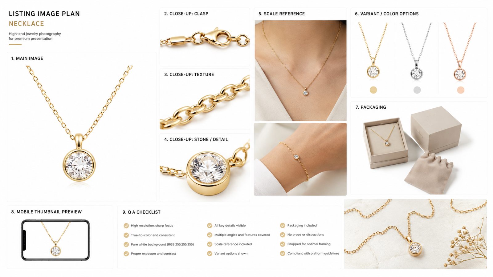 Amazon listing image plan for a necklace with main image, clasp closeup, texture closeup, stone detail, scale reference, variant colors, packaging, mobile preview, and QA checklist