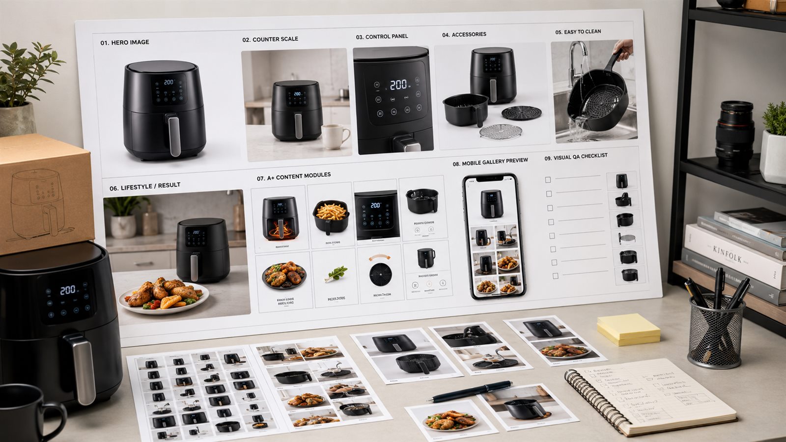 Amazon listing image planning board for a small kitchen appliance with main image, scale proof, control panel, accessories, cleaning image, A plus modules, mobile preview, and QA checklist