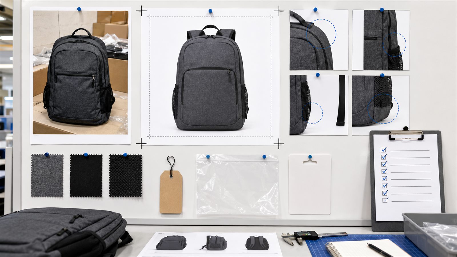 Amazon main image AI generator workflow showing supplier backpack photo, clean white background main image, edge checks, material swatches, packaging reference, crop marks, and QA checklist