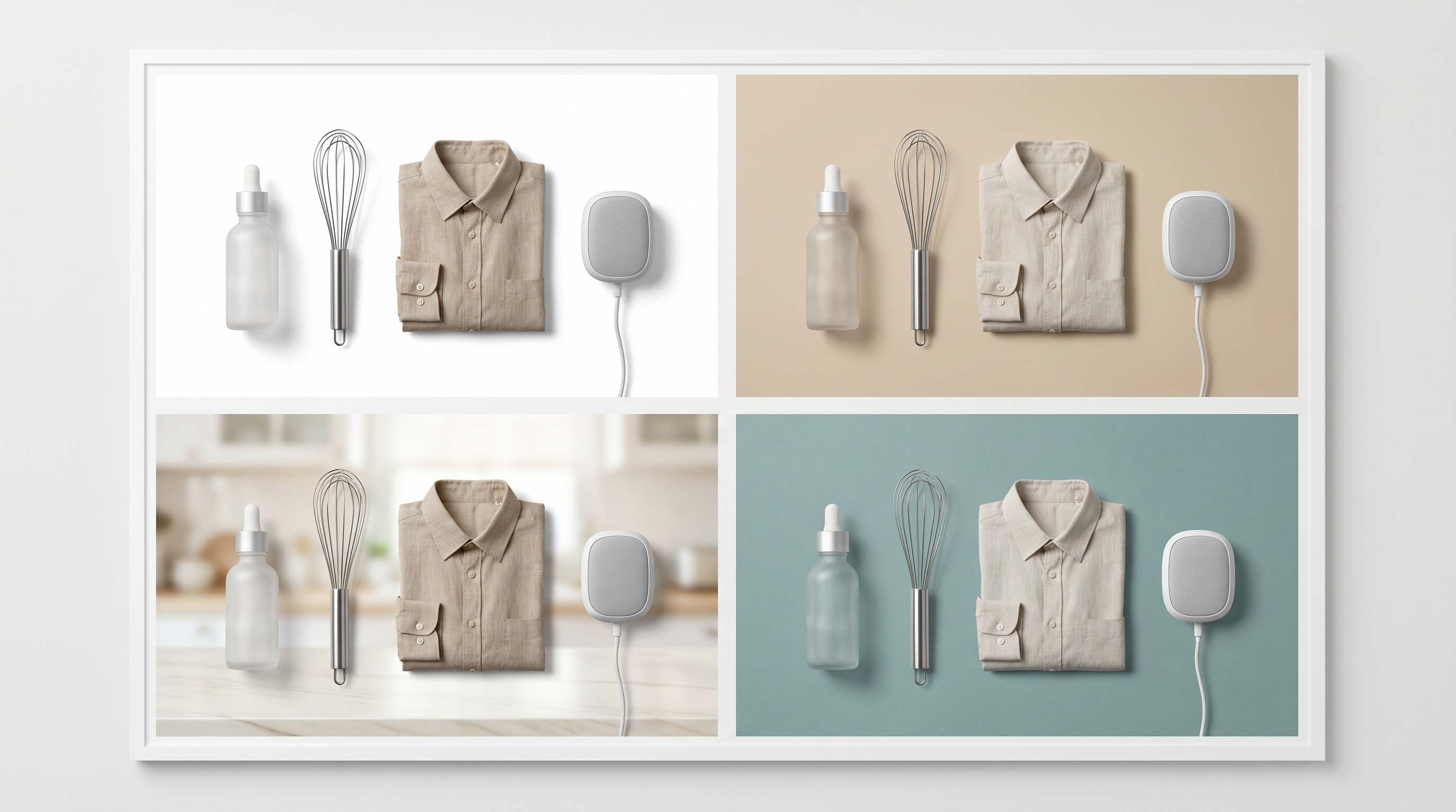 Ecommerce product photography background comparison grid with white, neutral, lifestyle, and color backgrounds