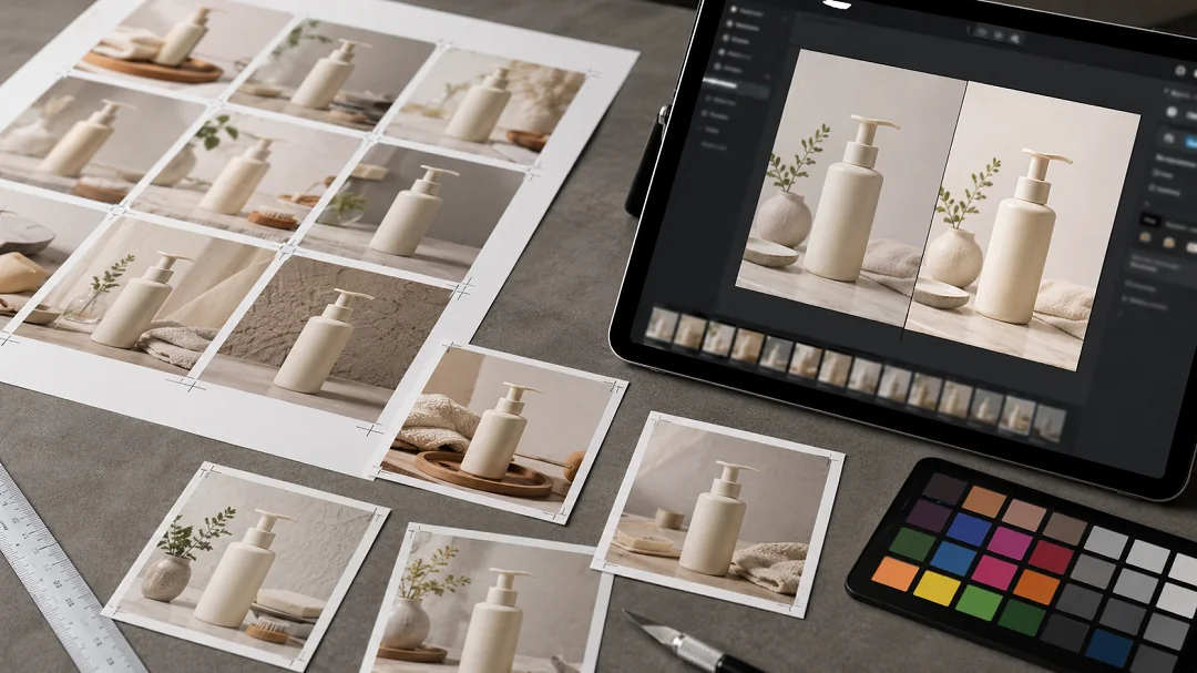Close-up ecommerce workflow showing a generated 3x3 product image grid being split into individual tiles before enhancement