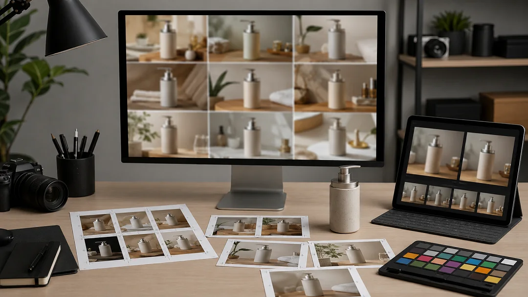 Ecommerce workflow desk showing a 3x3 grid of consistent AI product images, crop guides, split outputs, and product image upscaling review