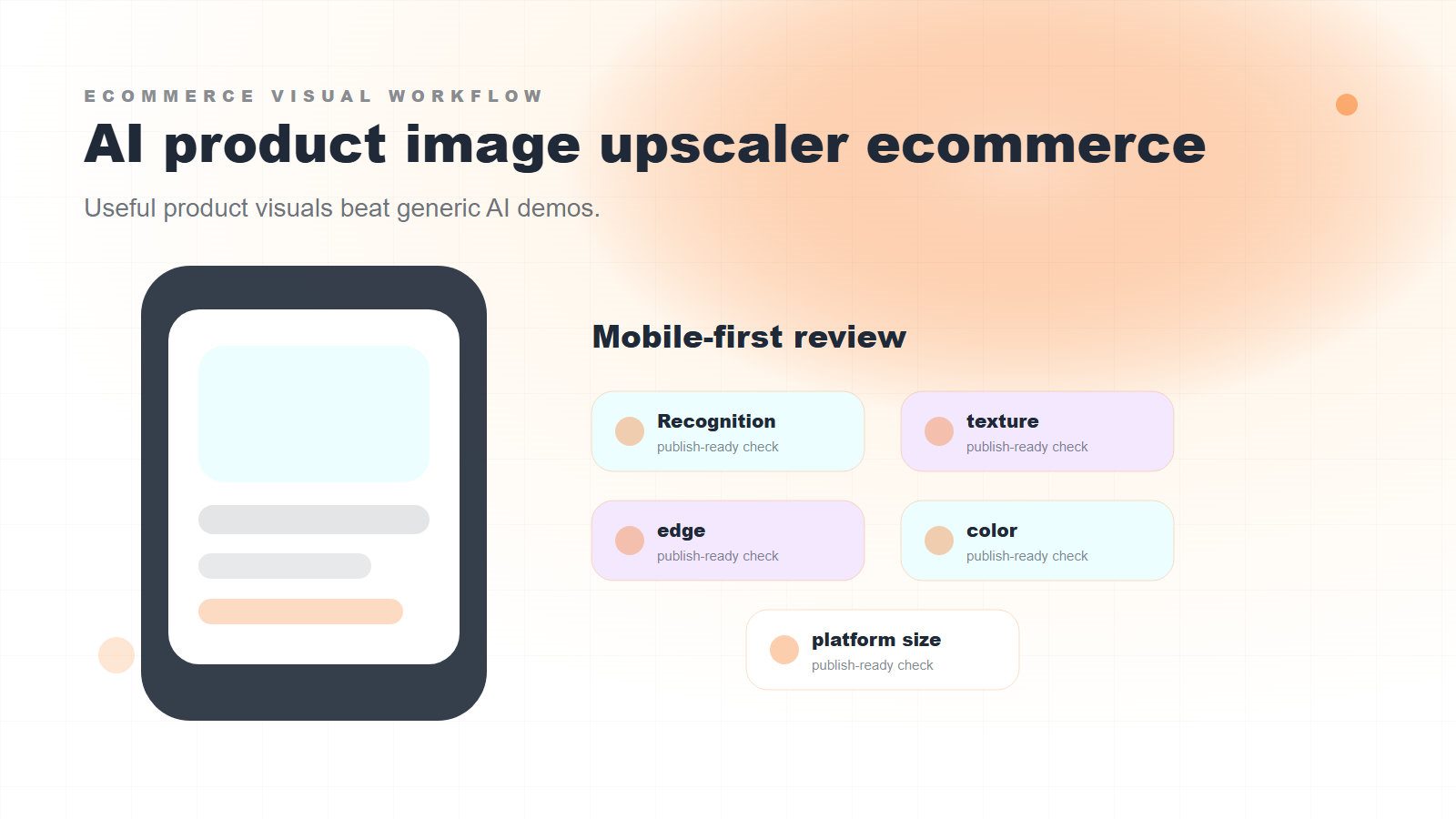 Ecommerce product image quality review desk with pixelated photo examples, before and after zoom crops, texture detail cards, and AI enhancement checklist