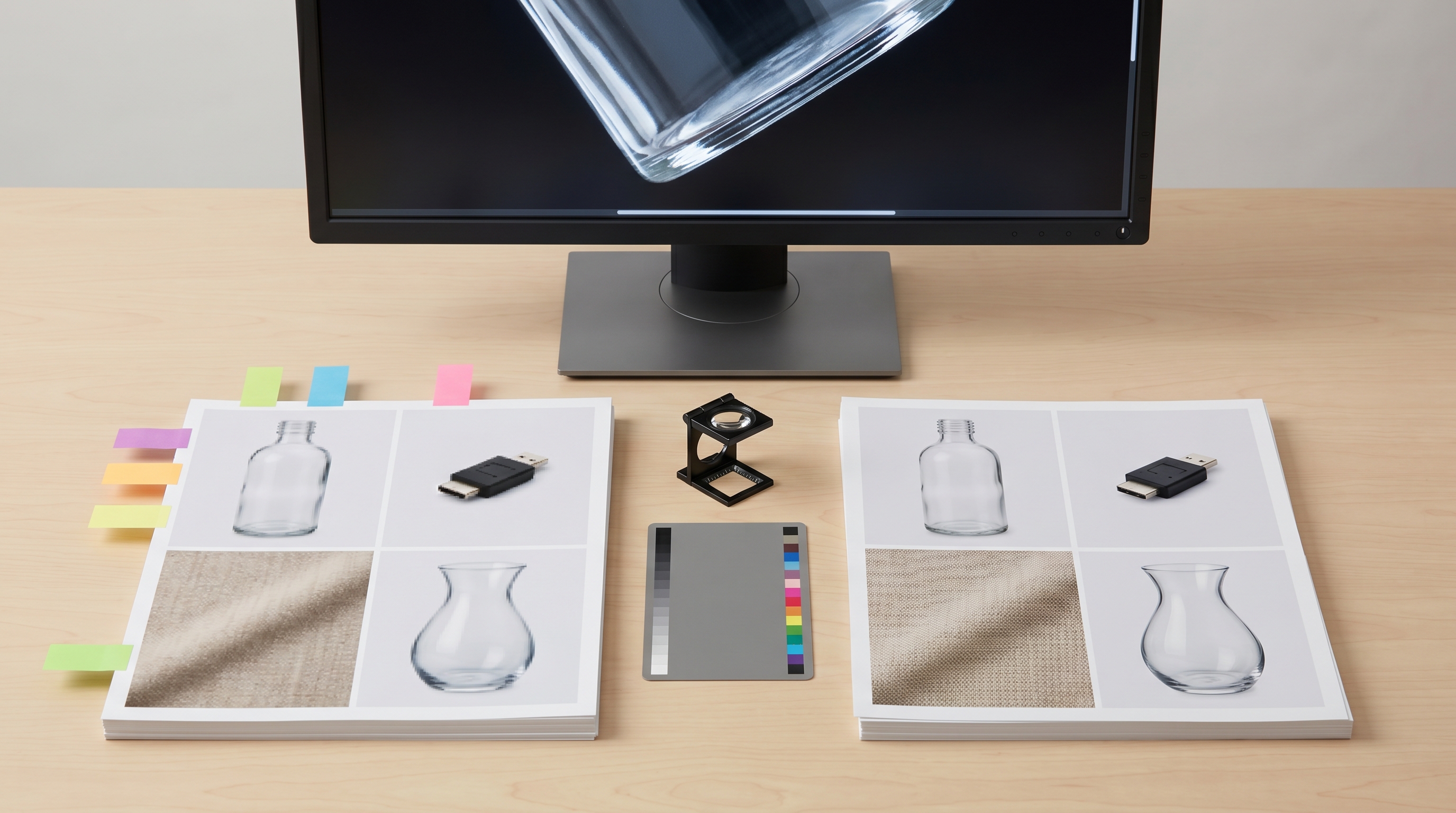 Product photo resolution repair desk comparing soft product proofs with cleaner ecommerce image outputs