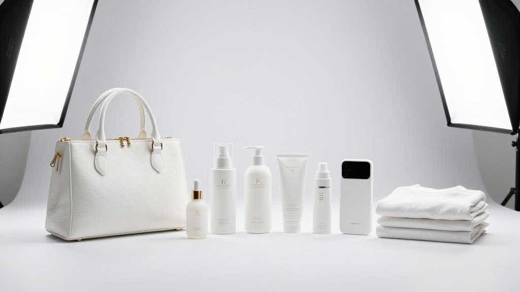 White background product photo category board with jewelry, handbag, skincare bottle, electronics accessory, folded apparel, and home decor product cards