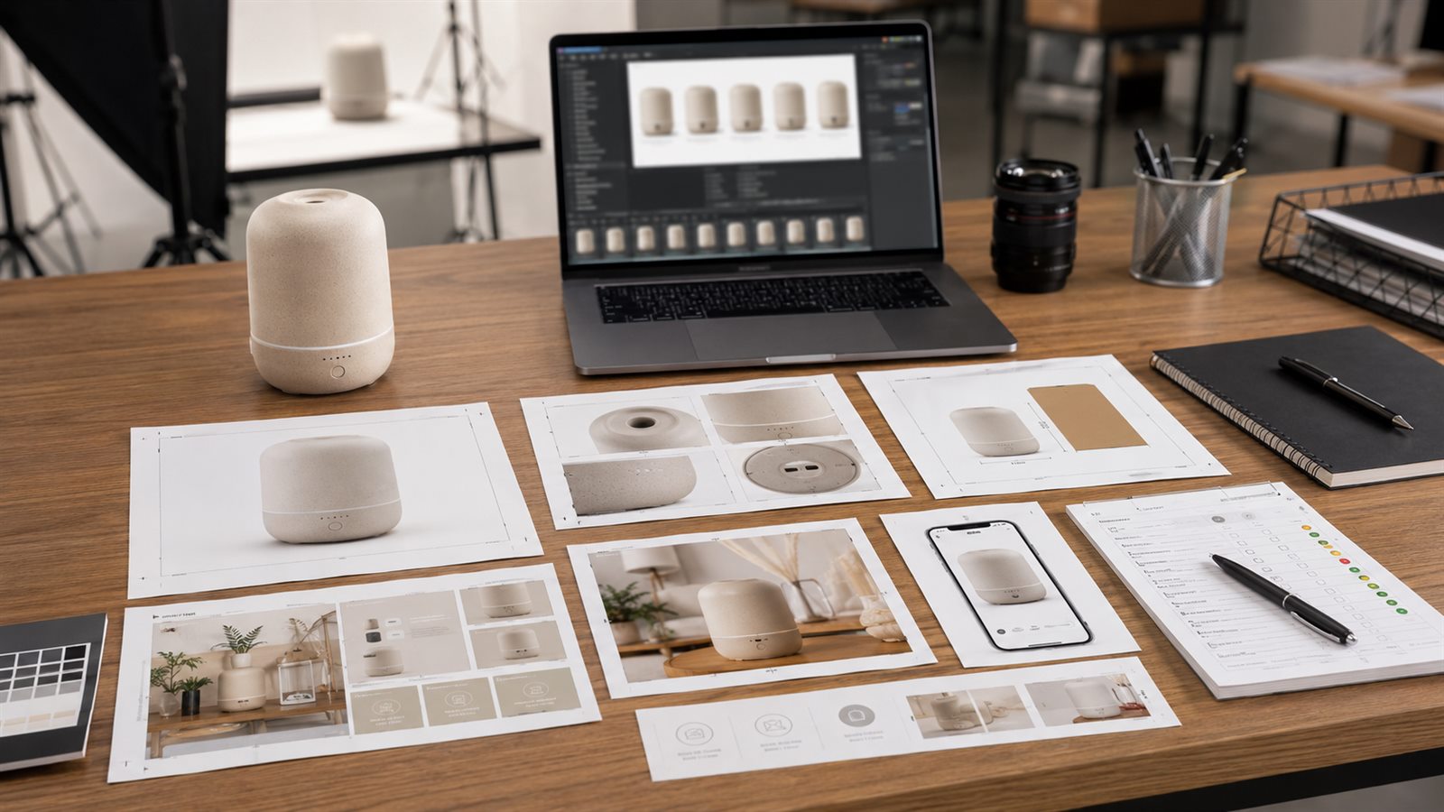 Ecommerce product image production desk showing one product photo expanded into main image, detail closeups, lifestyle scene, A plus module cards, mobile preview, and QA checklist