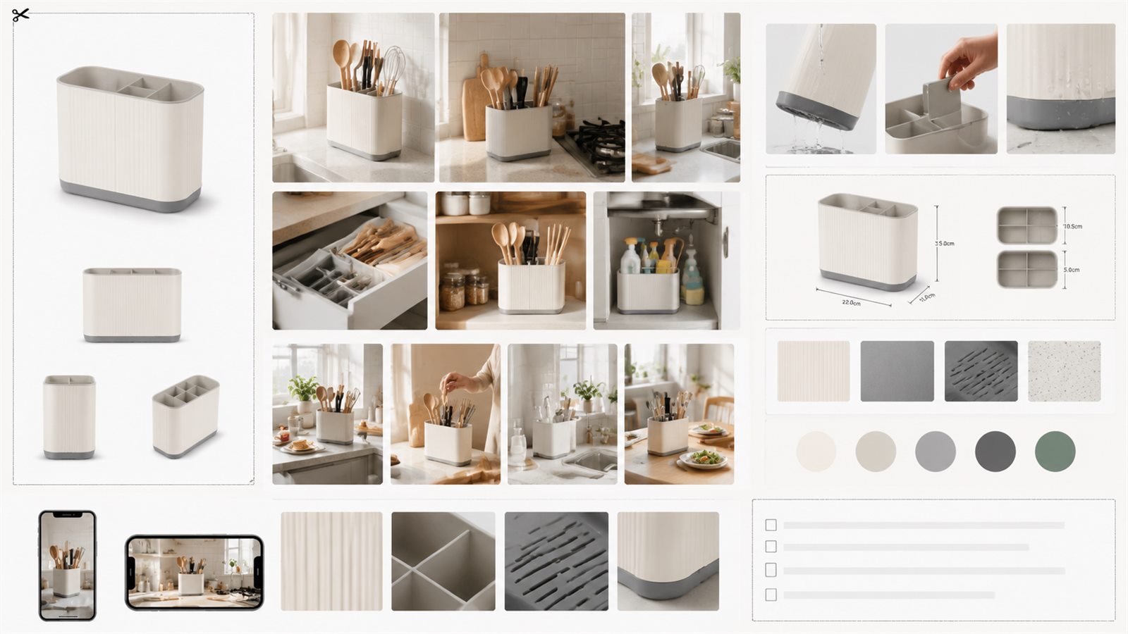 Home and kitchen product background AI planning board with product scene cards, scale references, material swatches, and mobile previews