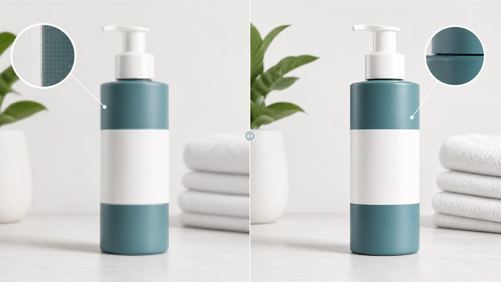 Side-by-side product photo showing a low-resolution bottle and a carefully enhanced higher-resolution version with detail inspection