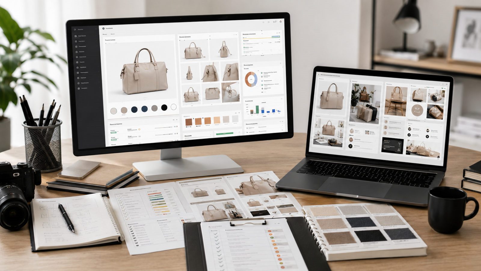 AI listing optimization dashboard with Amazon-style product images, A+ content mockups, variant swatches, and visual QA checklist