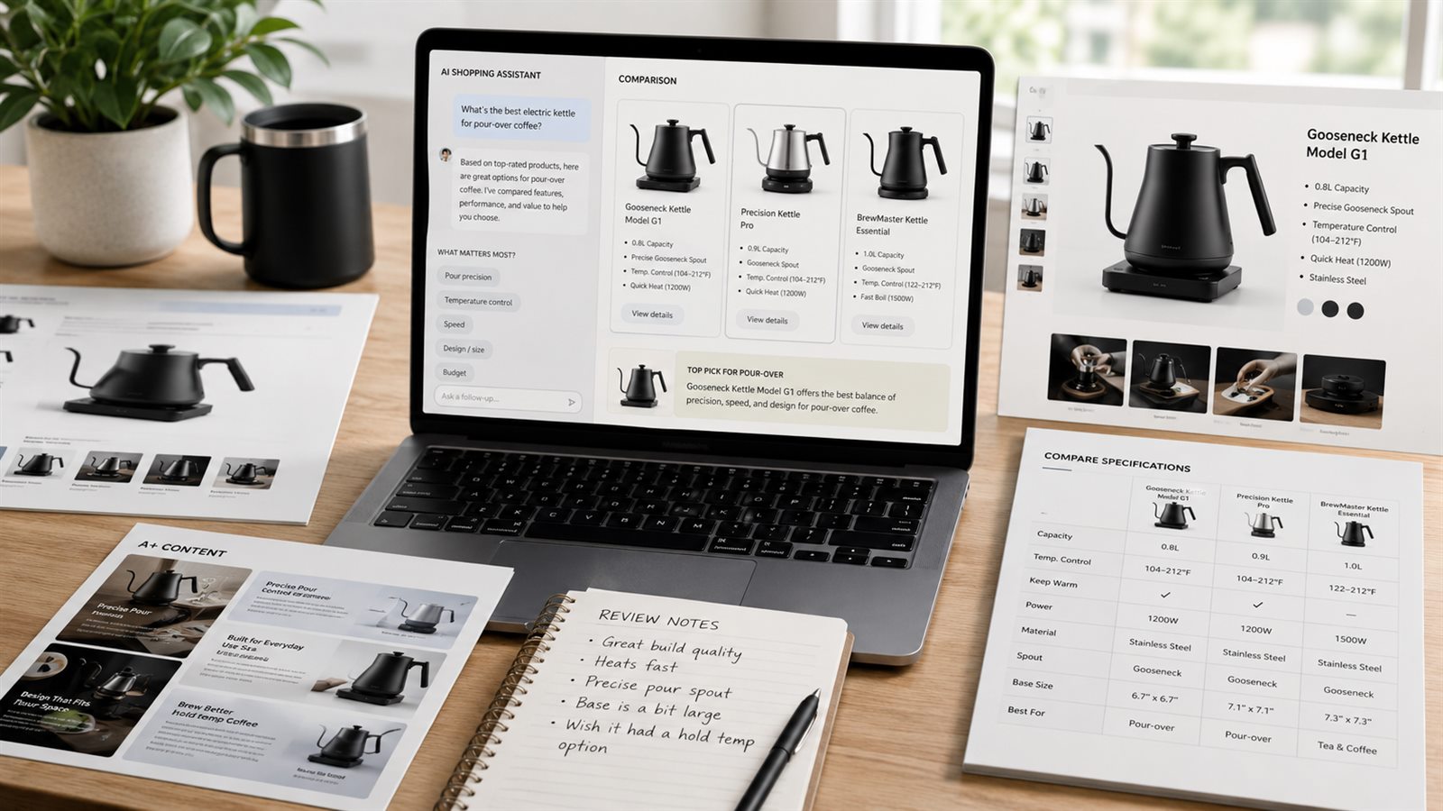 AI shopping assistant comparison desk with product detail page images, product comparison cards, A plus content modules, review notes, and ecommerce visual proof