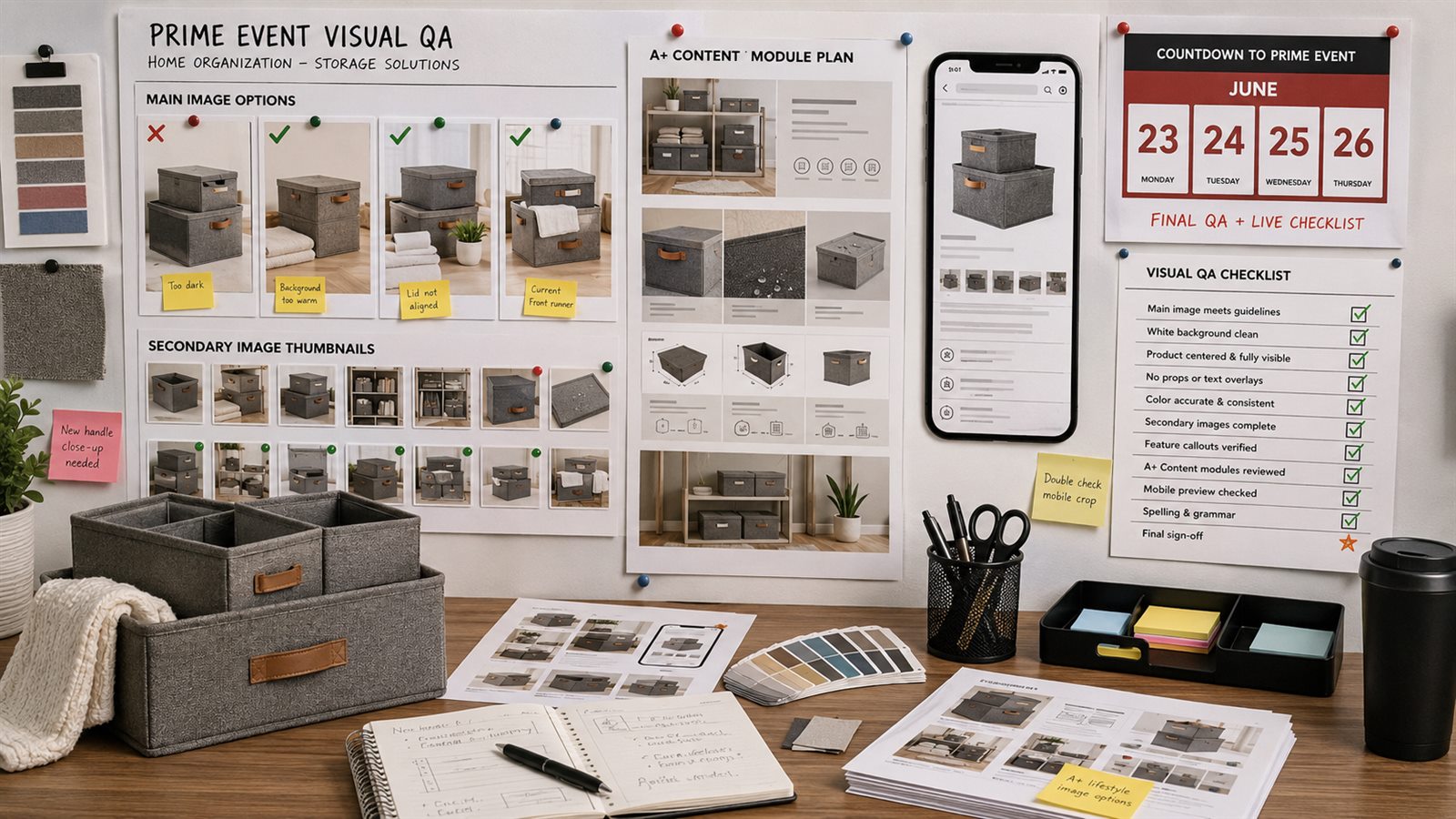 Prime Day listing visual QA board with product images, A plus content modules, mobile preview, countdown calendar, and checklist