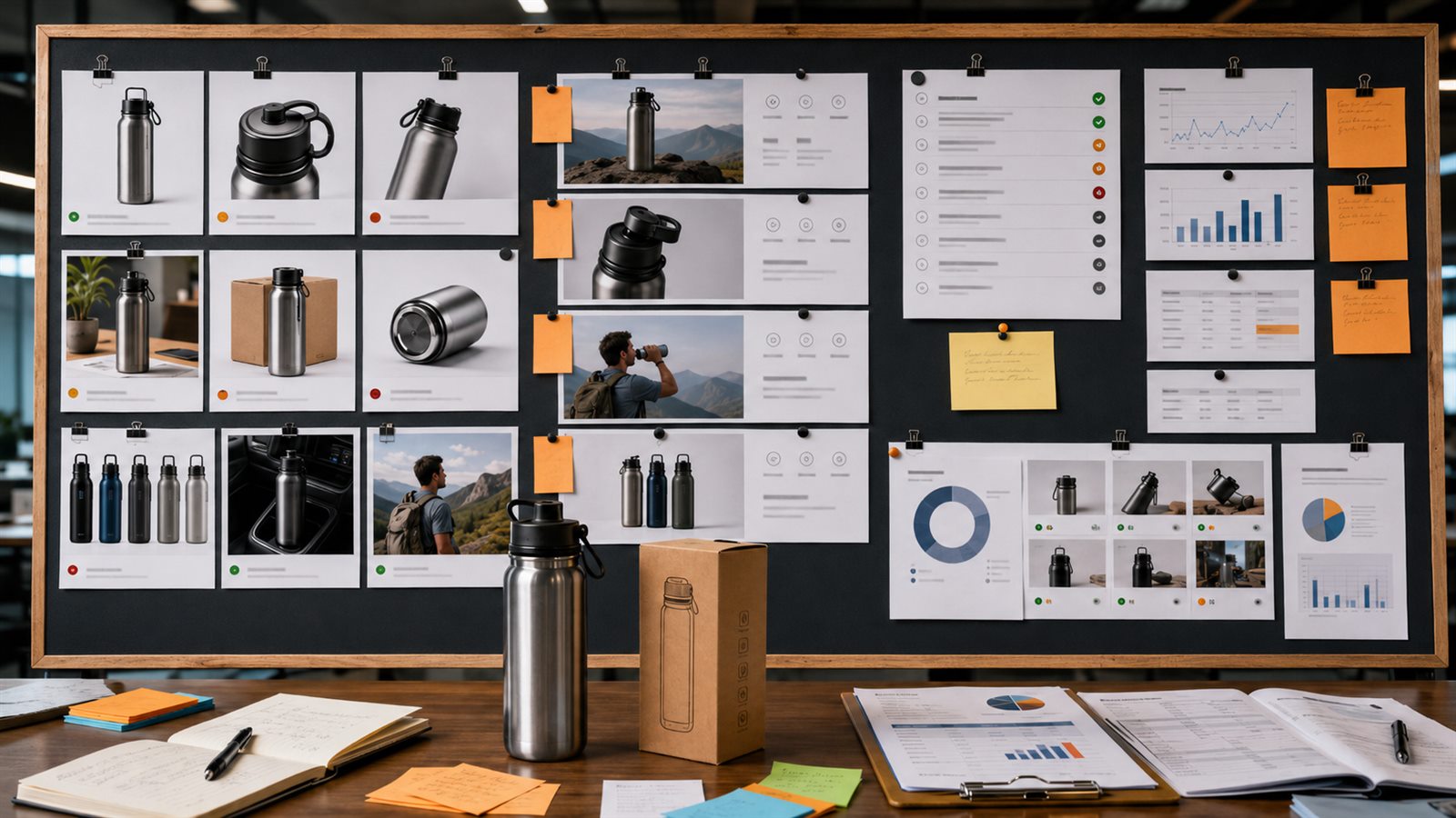 Marketplace seller AI creative operations board with product image cards, ad storyboard frames, listing QA checklist, performance charts, and product sample