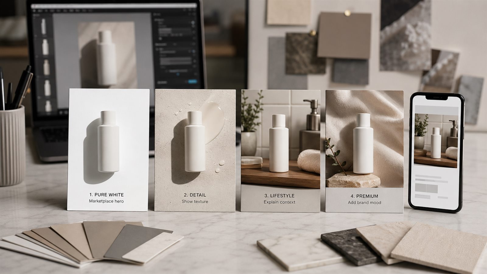 AI creative production desk with product photo cards, scene variations, landing page image set, mobile preview, and product page QA checklist
