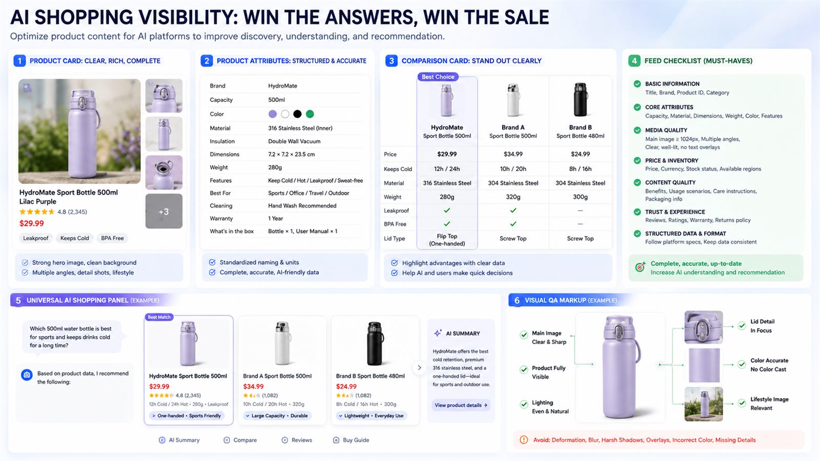 AI shopping visibility infographic showing product cards, structured attributes, comparison cards, feed checklist, and visual QA guidance
