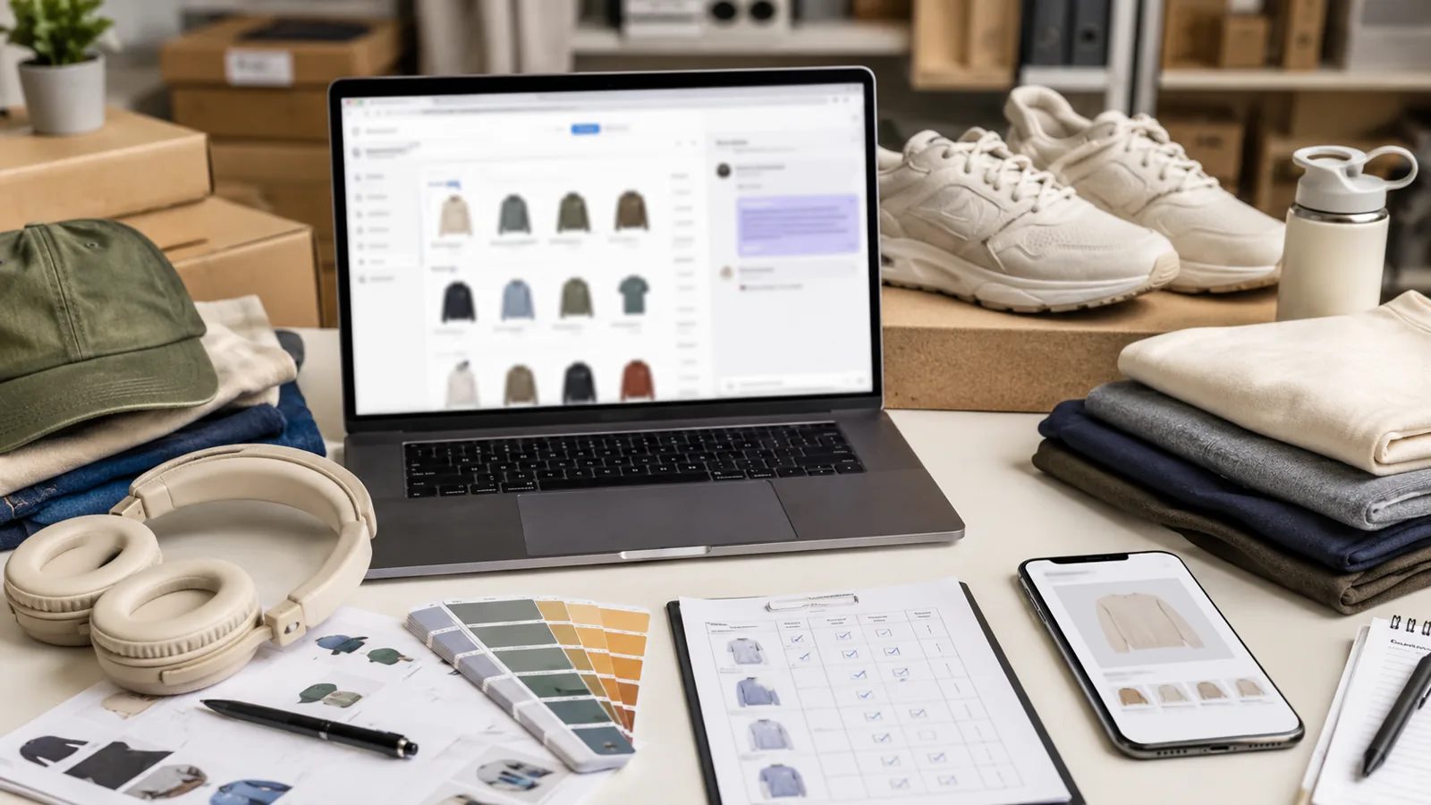 Ecommerce operations desk with product catalog dashboard, AI assistant panel, product thumbnails, variant swatches, and QA review materials